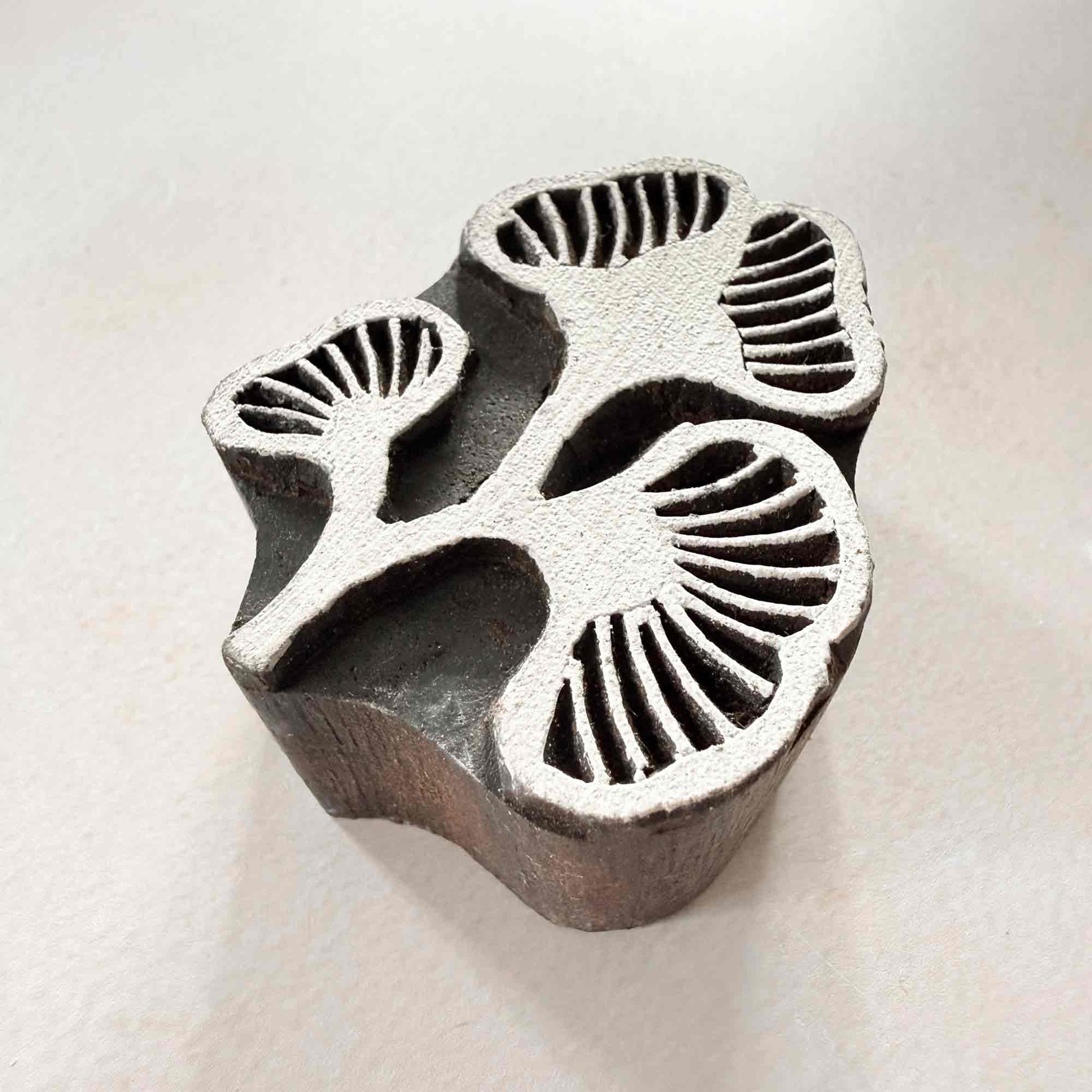 Kelp Traditional Printing Block showing three flowing leaf and seaweed-inspired motifs in hand-carved wood.