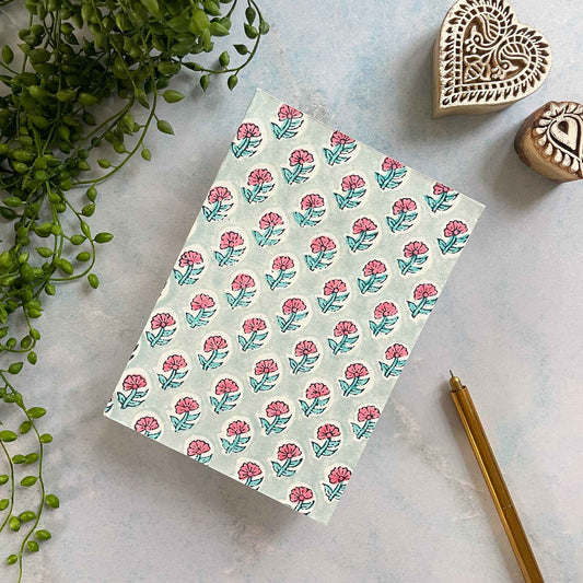 Hand made notebook with block printed cover.  Pretty notebook made from recycled materials