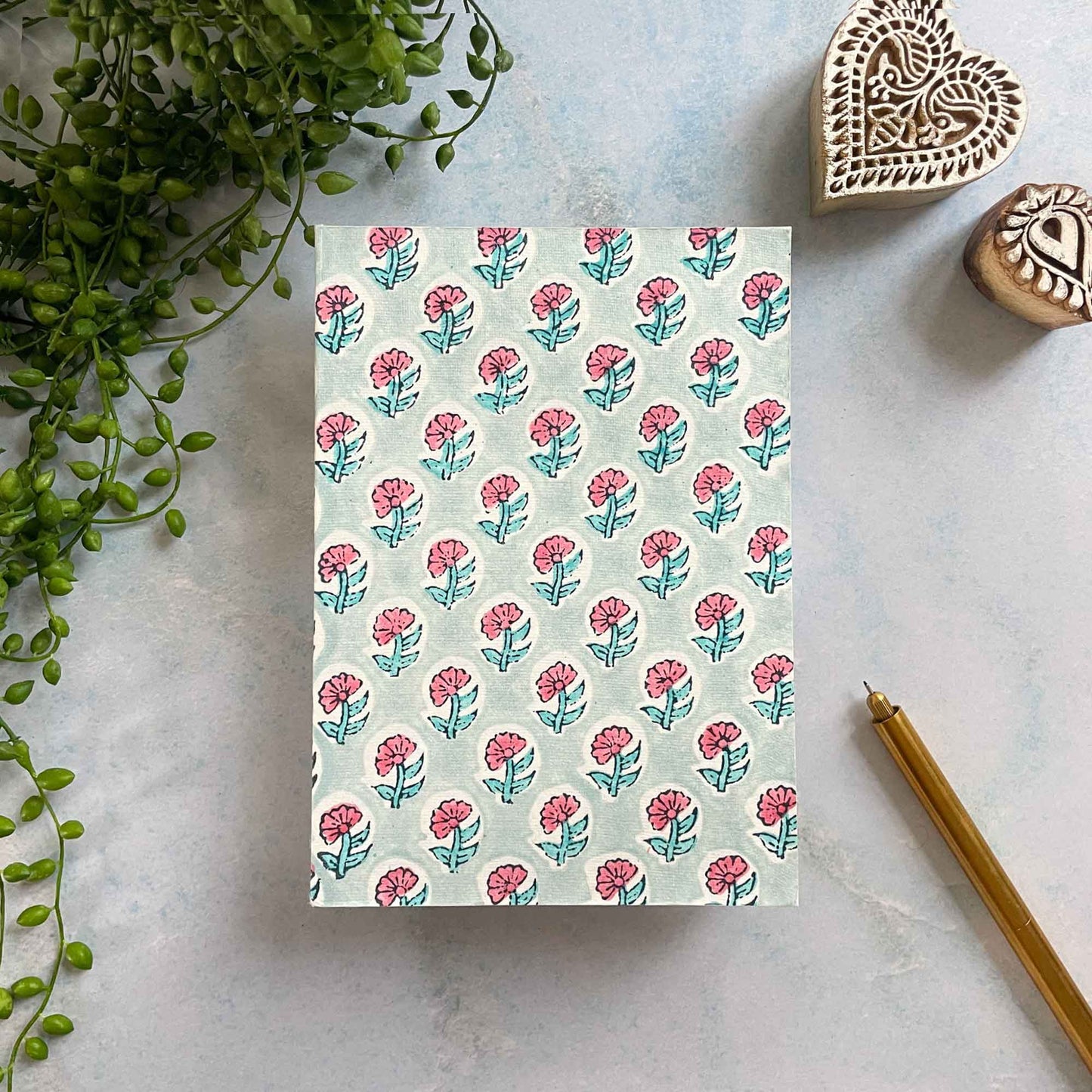 Blank journal with block printed cover.  Pretty handmade notebook made from recycled cotton rag paper