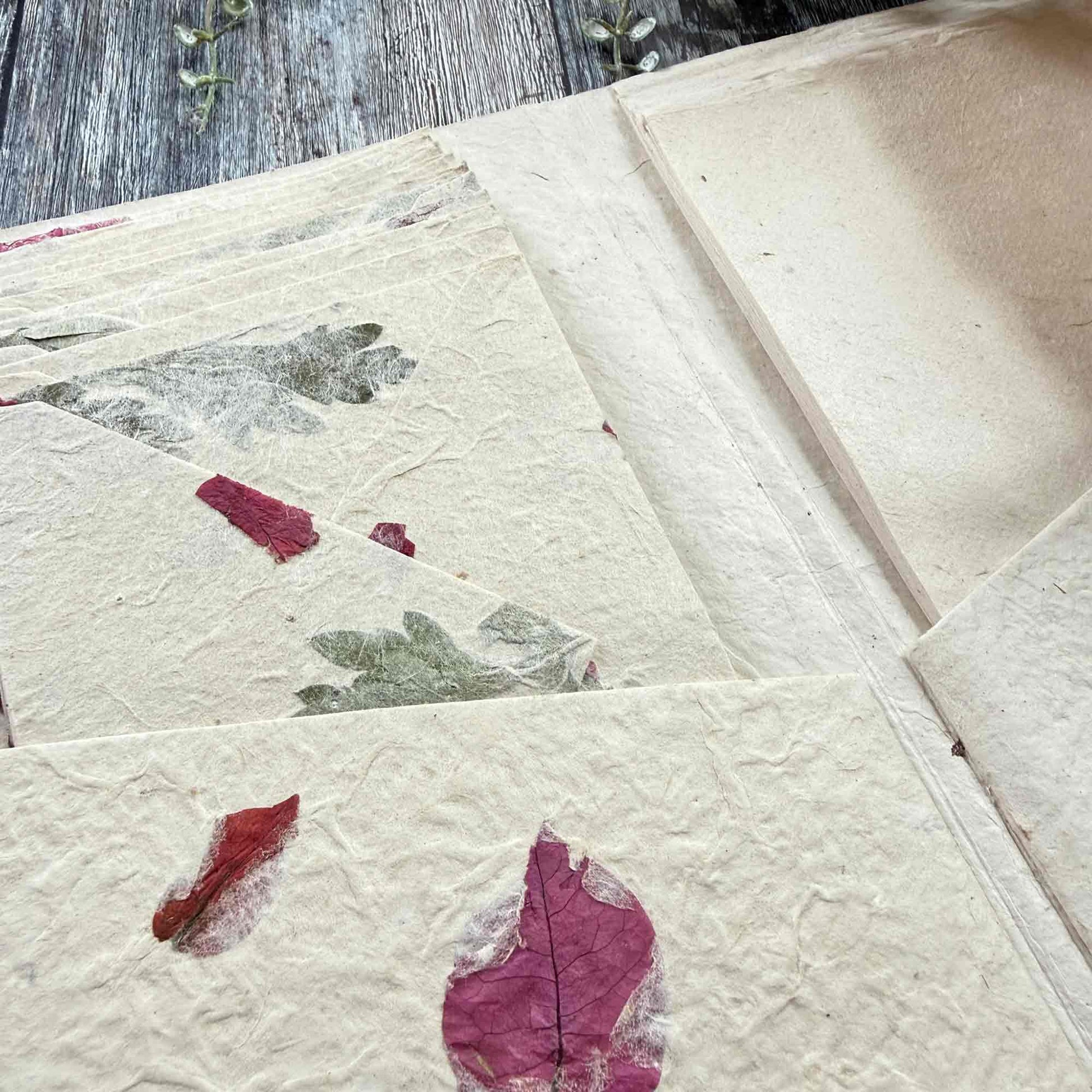 Open Lokta paper stationery folder displaying interior pockets, envelopes and paper, natural botanical fibres, eco-friendly handmade paper