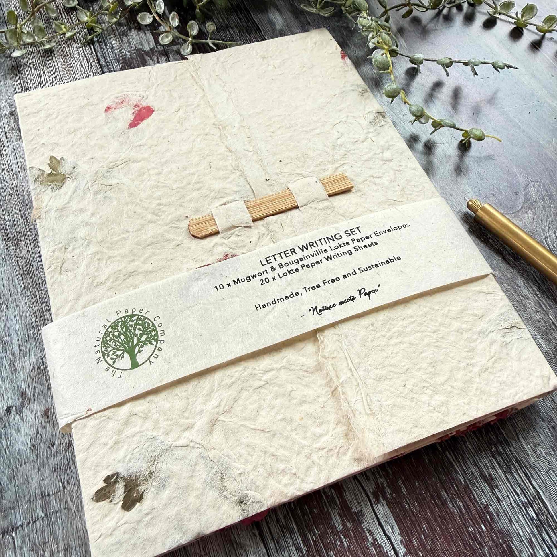 Lokta paper letter writing set, 20 sheets 10 envelopes, mugwort and bougainvillea, sustainable eco stationery