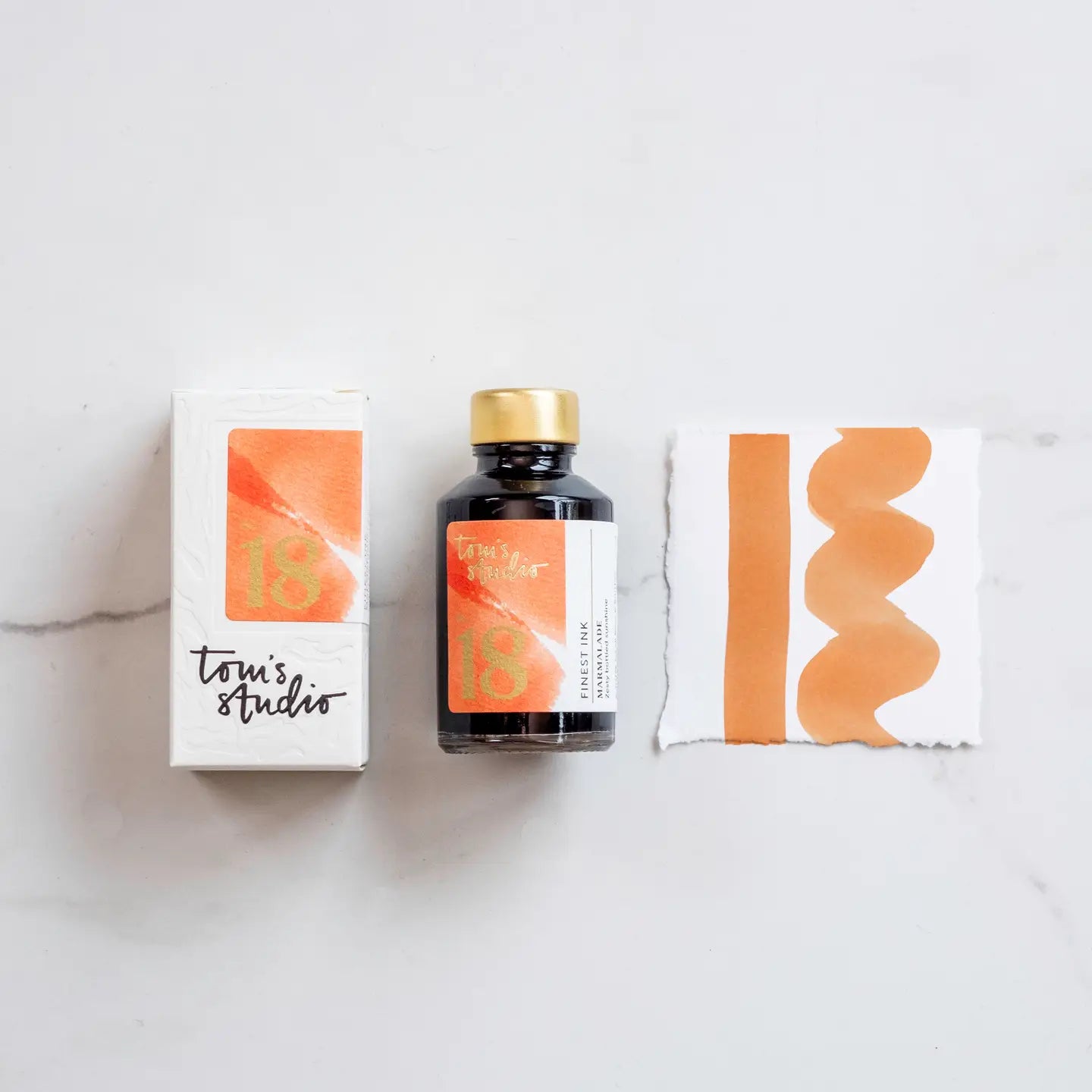 Orange ink for fountain pens, calligraphy and fineliners.  A beautiful water based ink by Toms Studio.  Made in the UK, this marmalade colour ink is acid free and suitable for vegans.