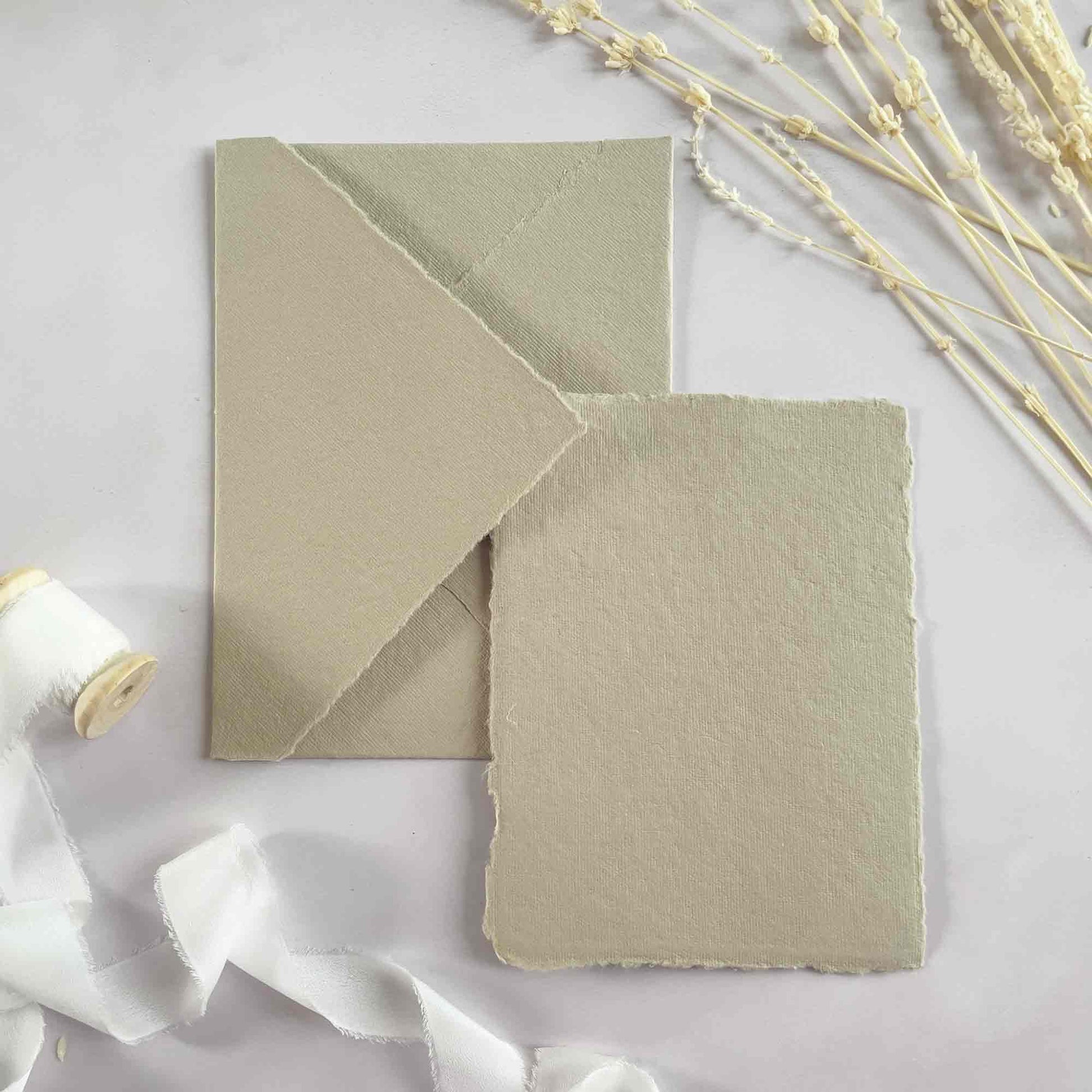 Mushroom handmade cotton rag card and envelope with deckled edges.  Beige handmade paper by The Natural Paper Company