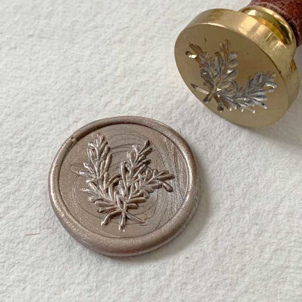 Olive Branch design sealing wax stamp for making wax seals.  Botanical design brass stamp with a wooden handle.  Use with sealing wax to decorate wedding invitations, stationery, envelopes, packaging and more.  By The Natural Paper Company