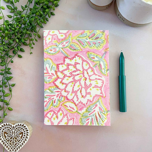 Pretty Block Printed notebook in pink.  Handmade journal made from recycled cotton rag paper