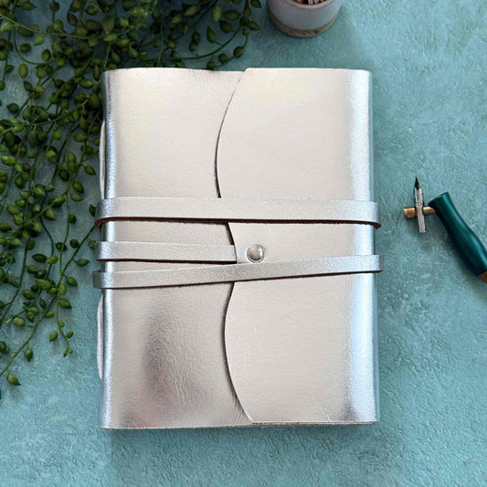 Silver Leather Notebook with Cotton Paper Pages.  