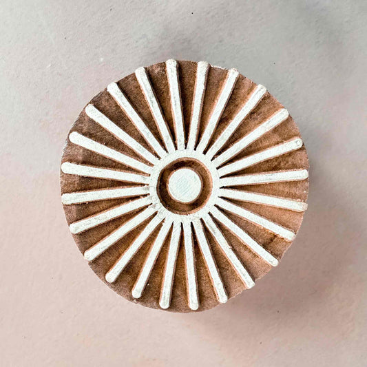 Indian wood block stamp in a sunburst pattern.  A contemporary design wooden stamp