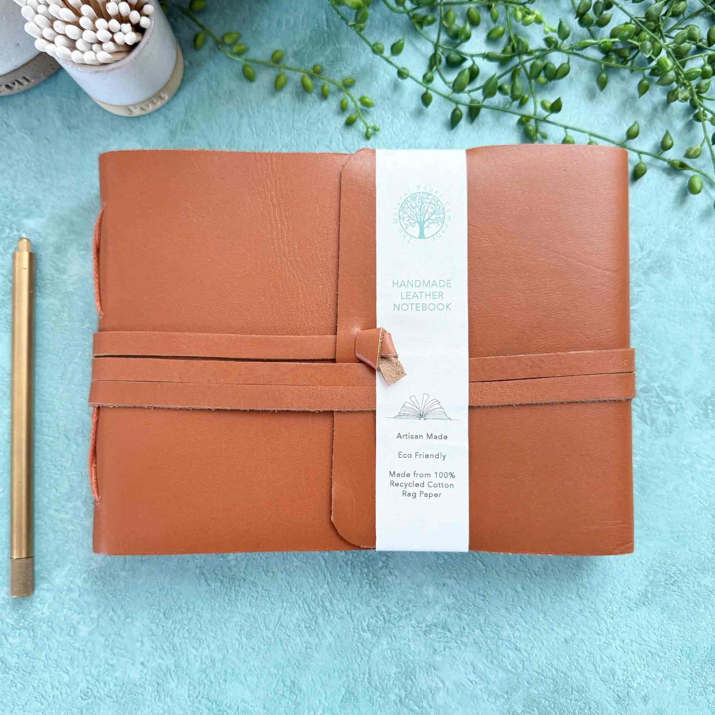 handmade tan leather a5 notebook in a landscape format