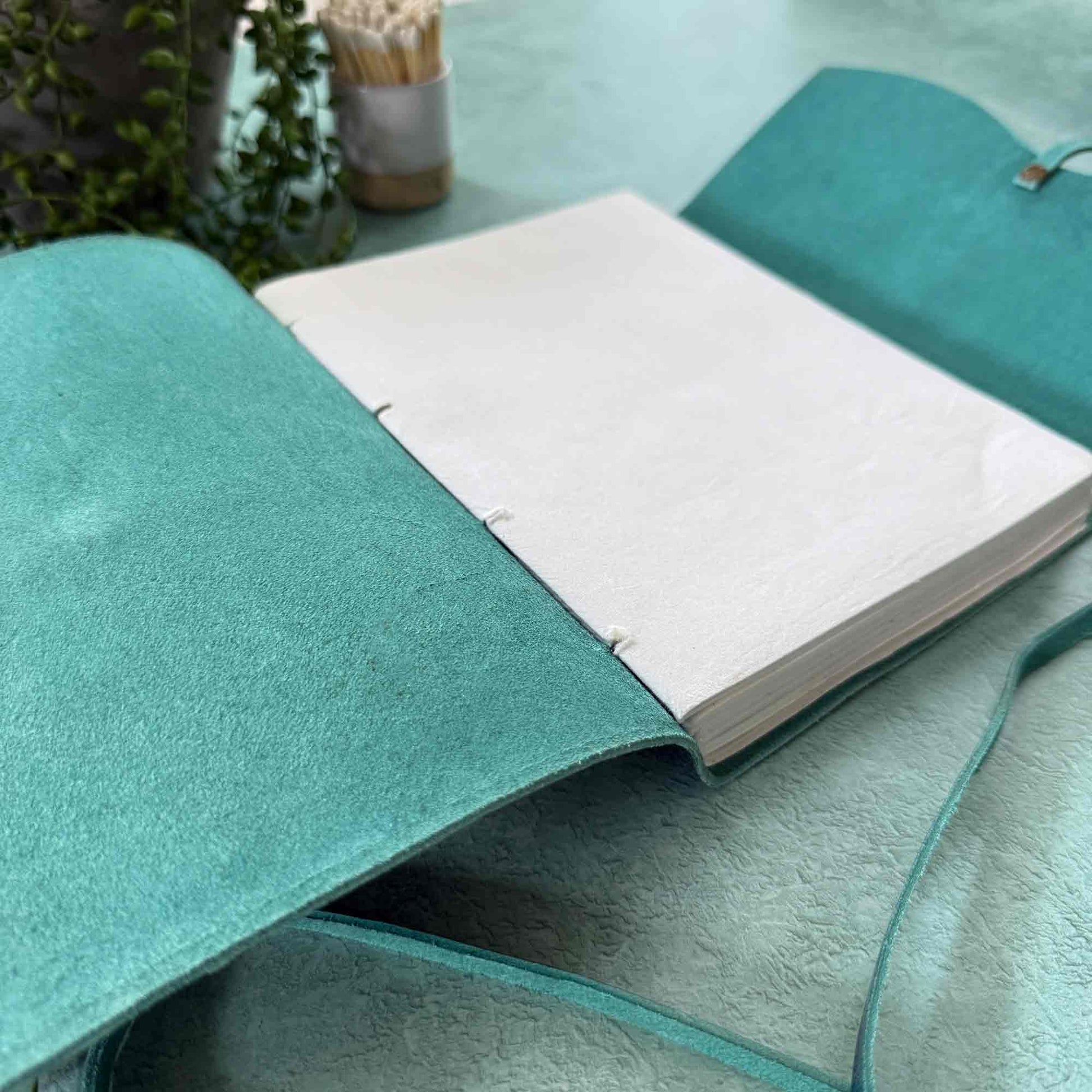 handmade navy and teal leather notebook with blank cotton paper pages