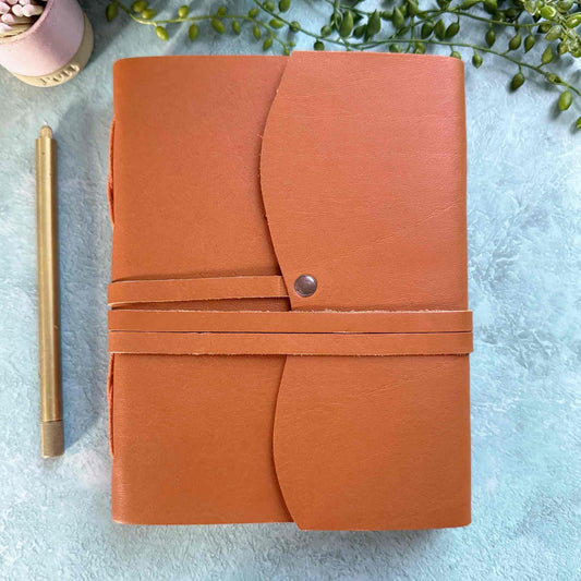 a5 tan leather notebook with lined or unlined pages