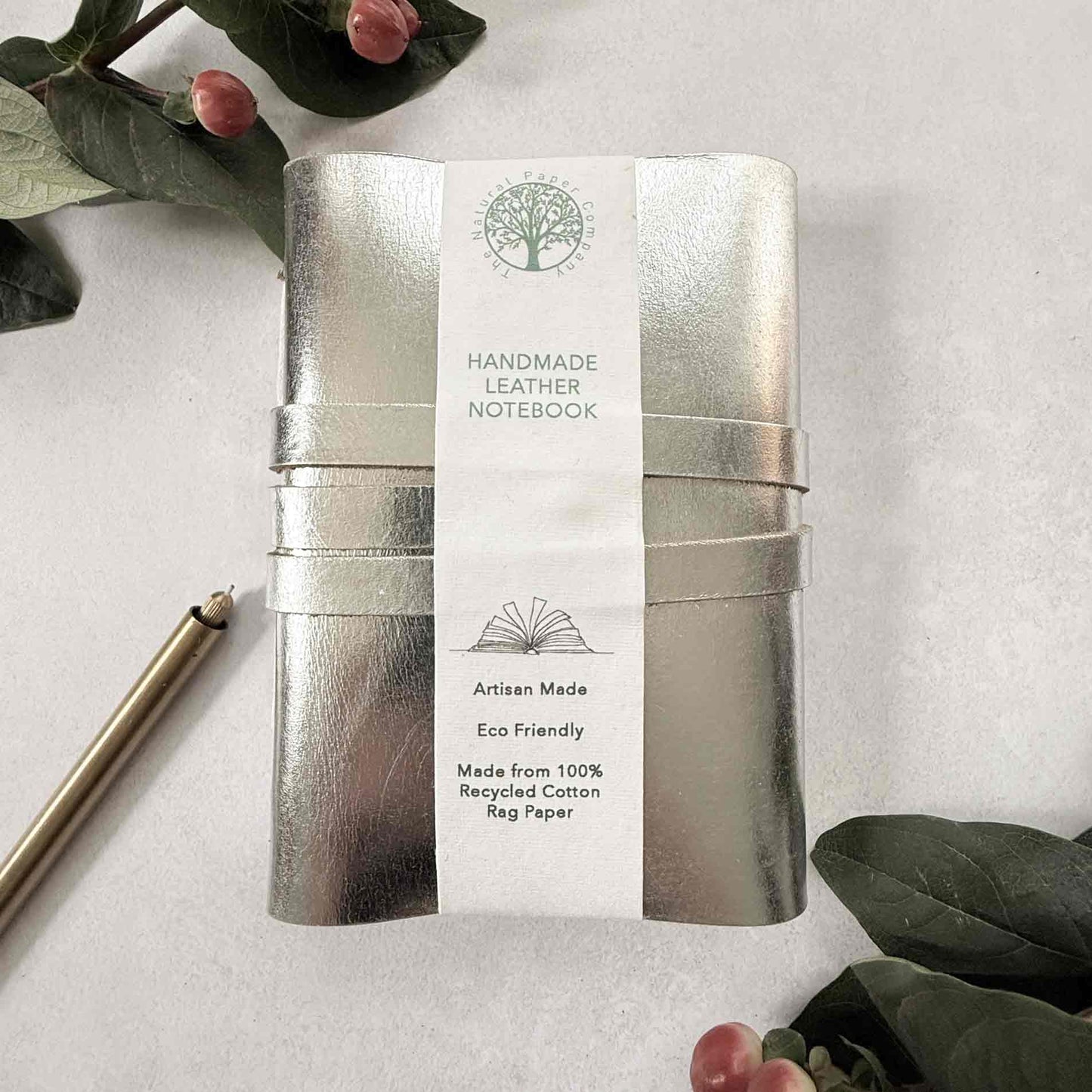 handmade leather journal in silver