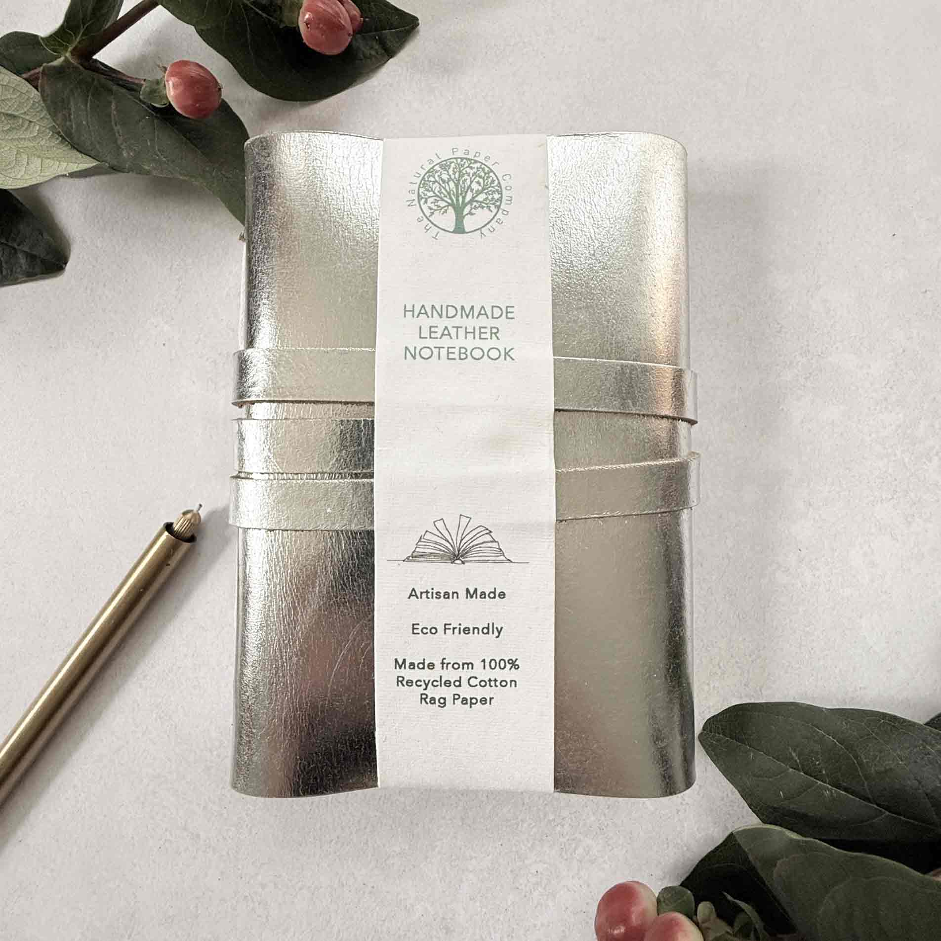 handmade leather journal in silver