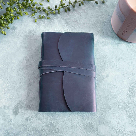 small handmade leather note book in navy