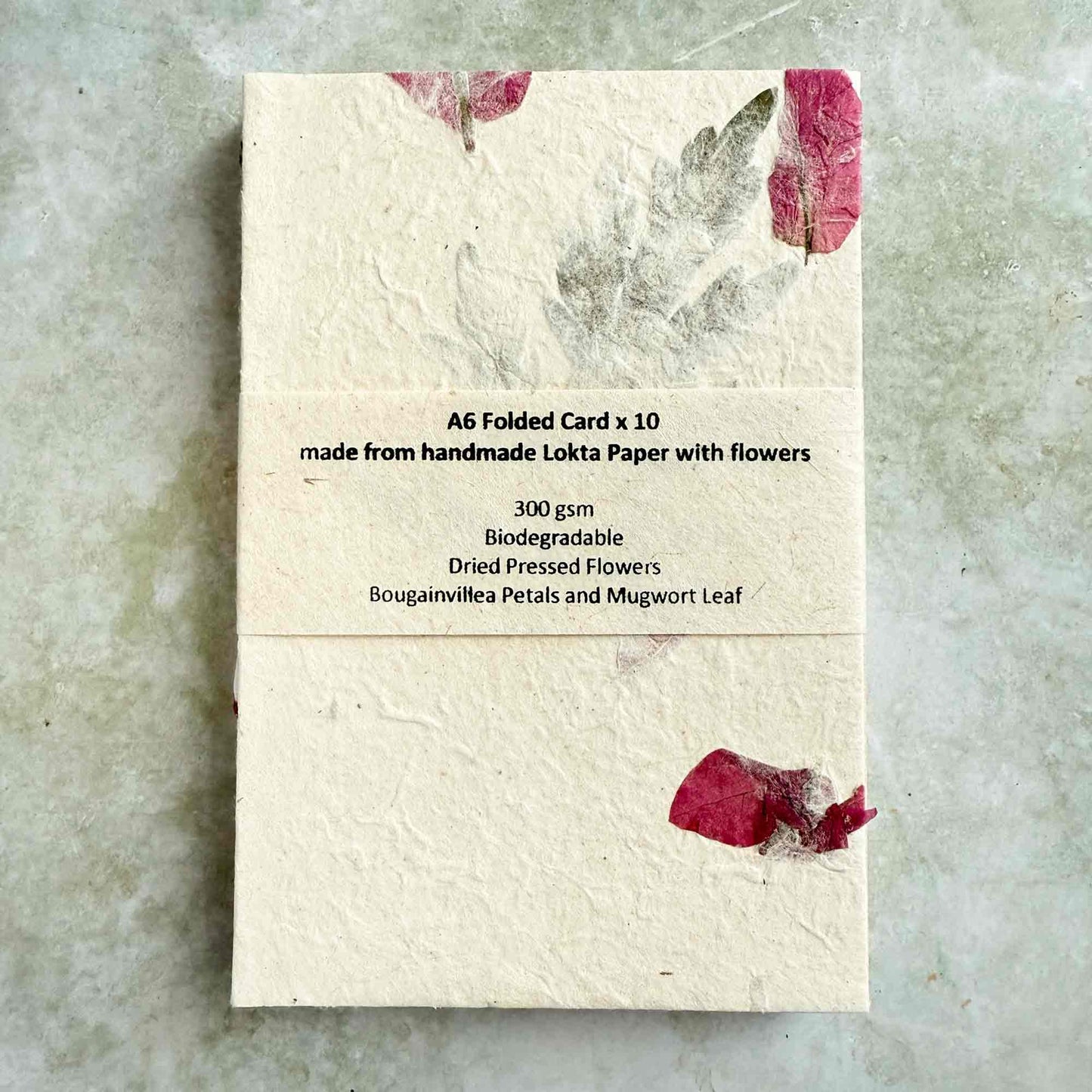 A6 size folded cards made from handmade lokta paper with dried flowers