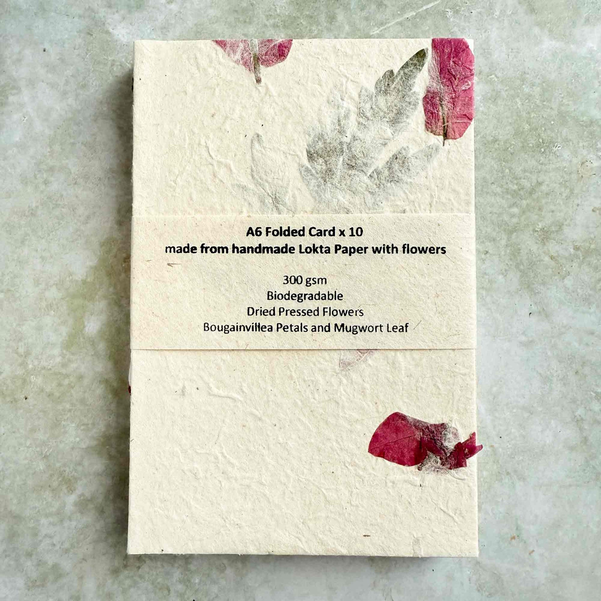 A6 size folded cards made from handmade lokta paper with dried flowers