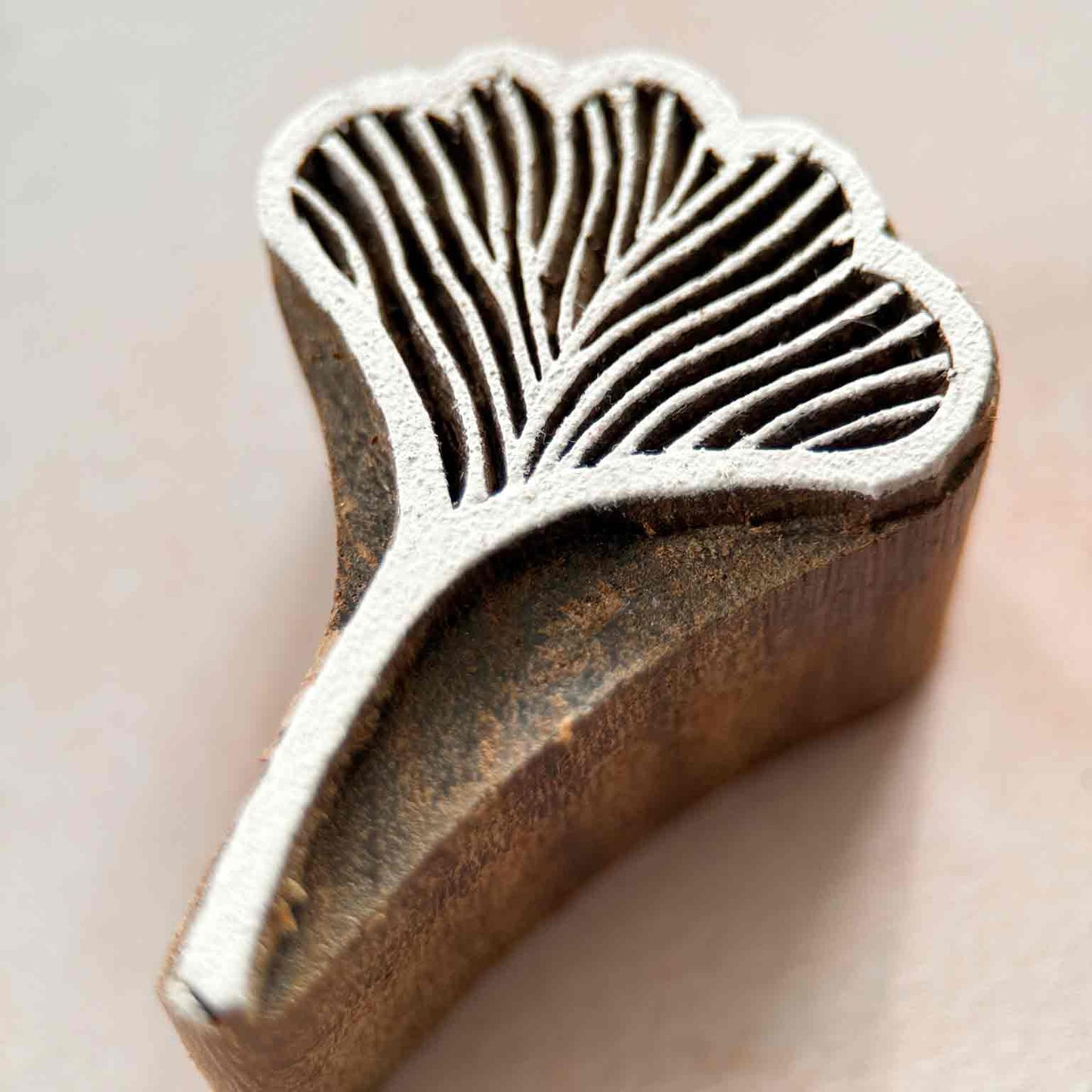 Side view of Alaria wooden printing block with detailed radiating leaf and frond lines