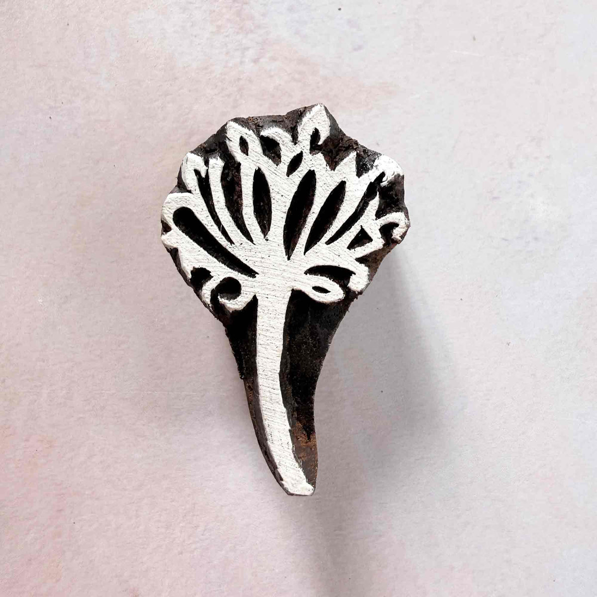 Aranya hand-carved wooden stamp with decorative leaves, buds and curved stem
