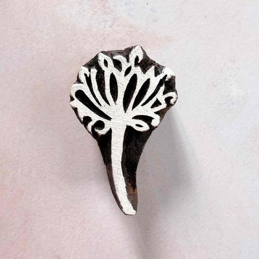 Aranya hand-carved wooden stamp with decorative leaves, buds and curved stem