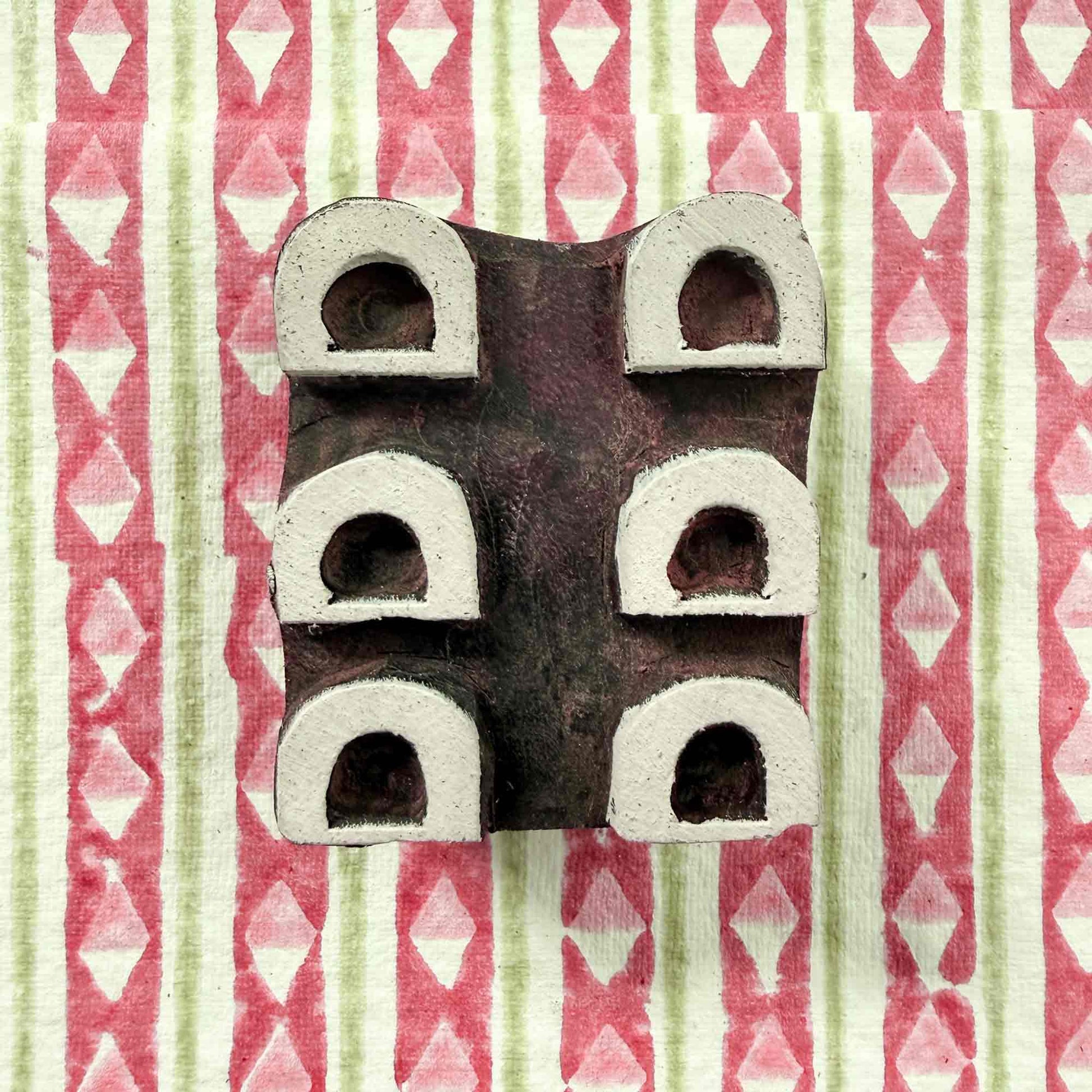 Arcades Indian wood block stamp — six curved arches printing block on block printed fabric