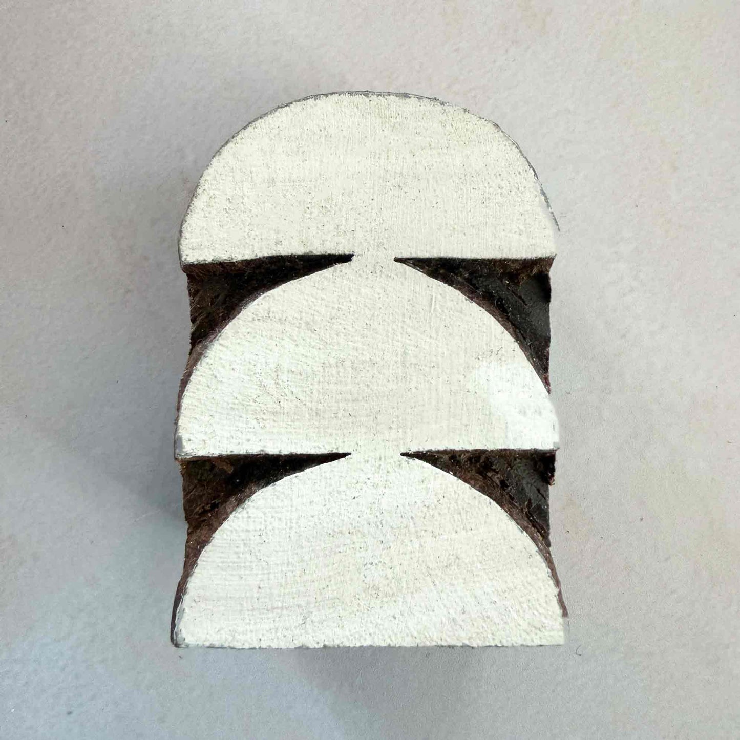 Front view of Arches Indian Wood Block Stamp measuring 6 x 4 cm with three stacked semicircular geometric motifs.