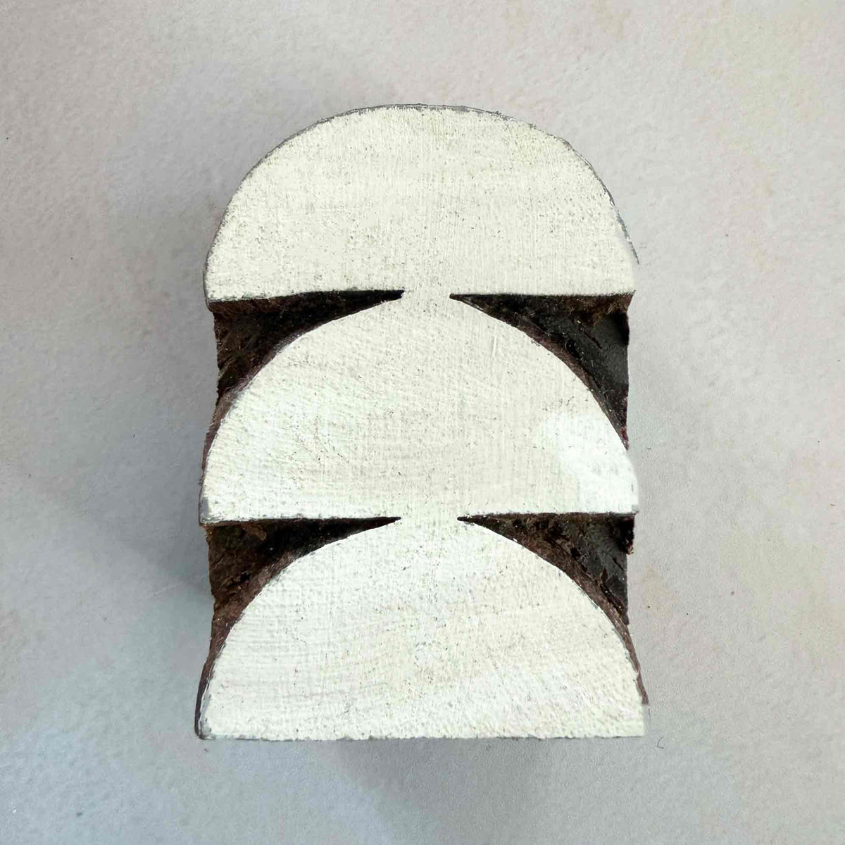 Front view of Arches Indian Wood Block Stamp measuring 6 x 4 cm with three stacked semicircular geometric motifs.