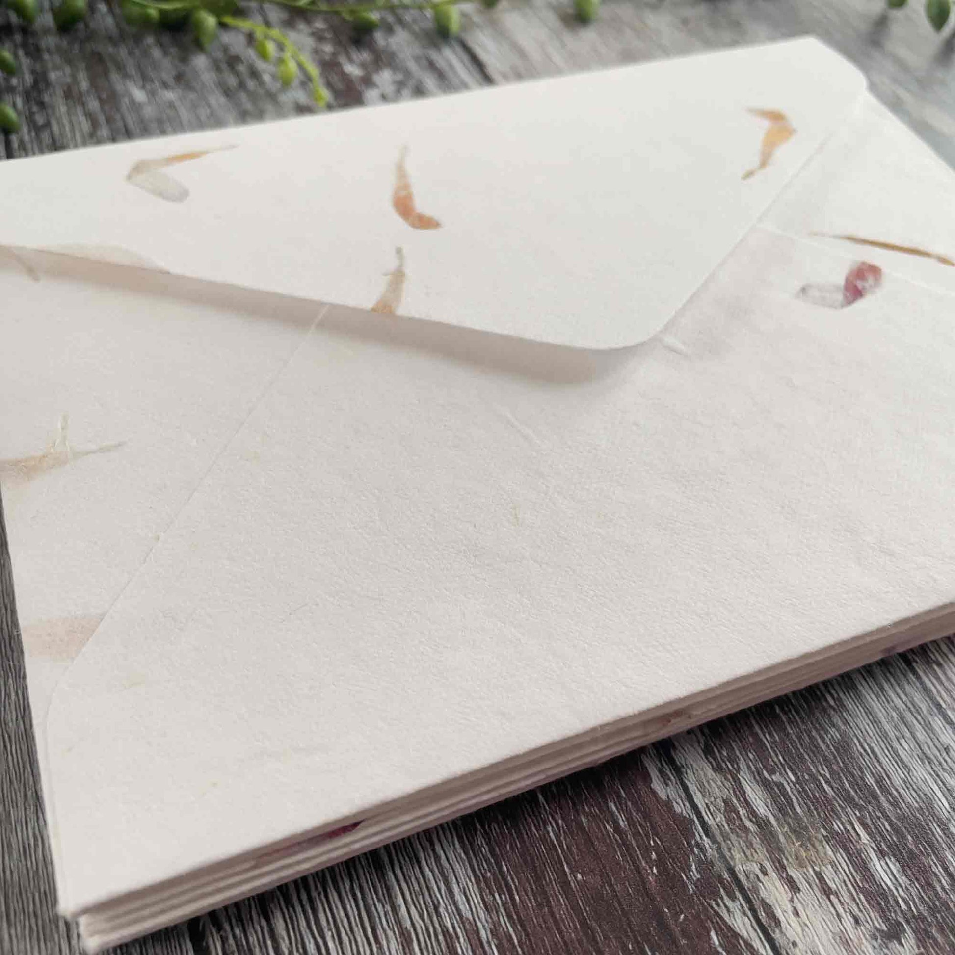 handmade cotton rag paper envelopes with pink aster flower petals.  By The Natural Paper Company