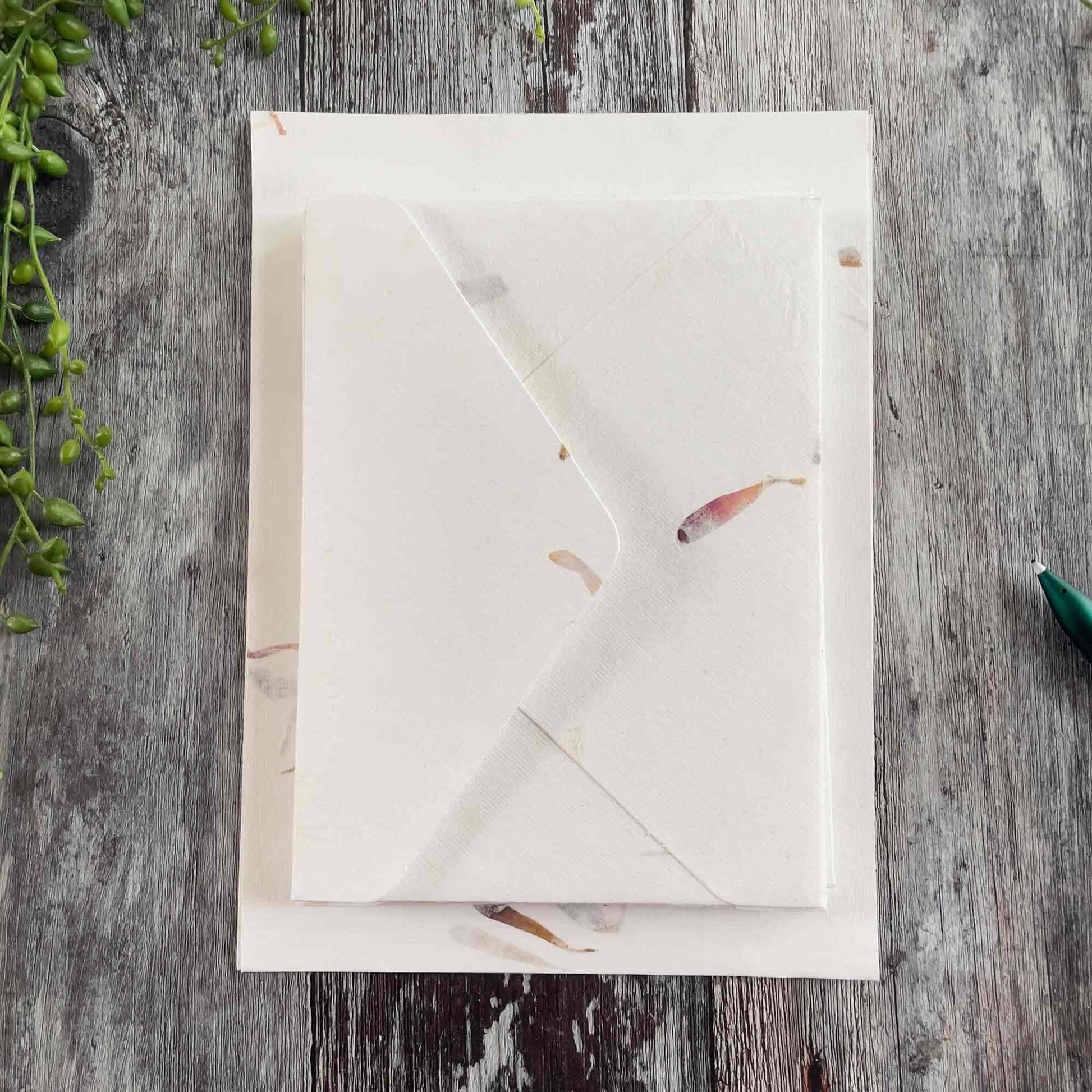 Handmade paper and envelopes with flowers.  Cotton Rag Paper Letter writing set