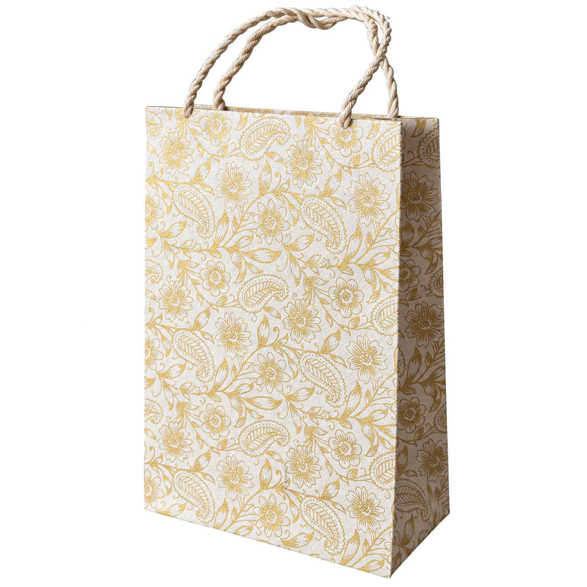 Auralia large handmade Lokta paper gift bag with gold floral paisley pattern and natural twisted rope handles.