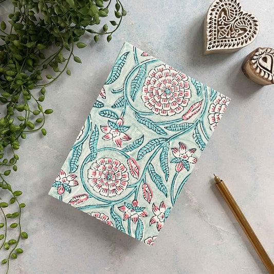 Beatrice Handmade Note Book by The Natural Paper Company.  Attractive block printed journal with a floral pattern.