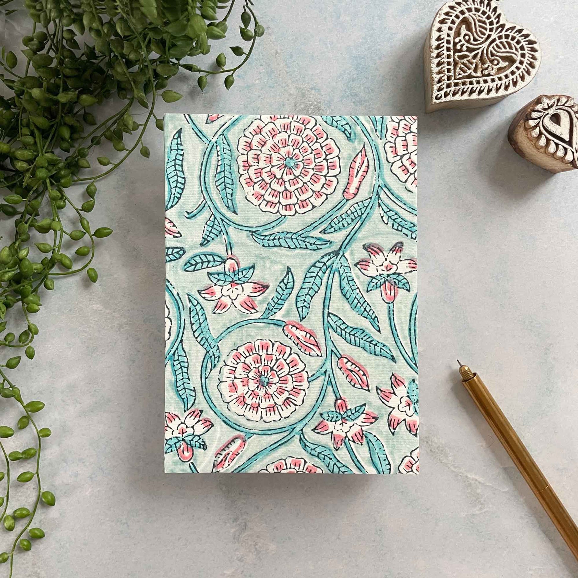 Beatrice Notebook with Hand Block Printed Cover.  This journal is made by hand using recycled cotton rag paper and natural dyes