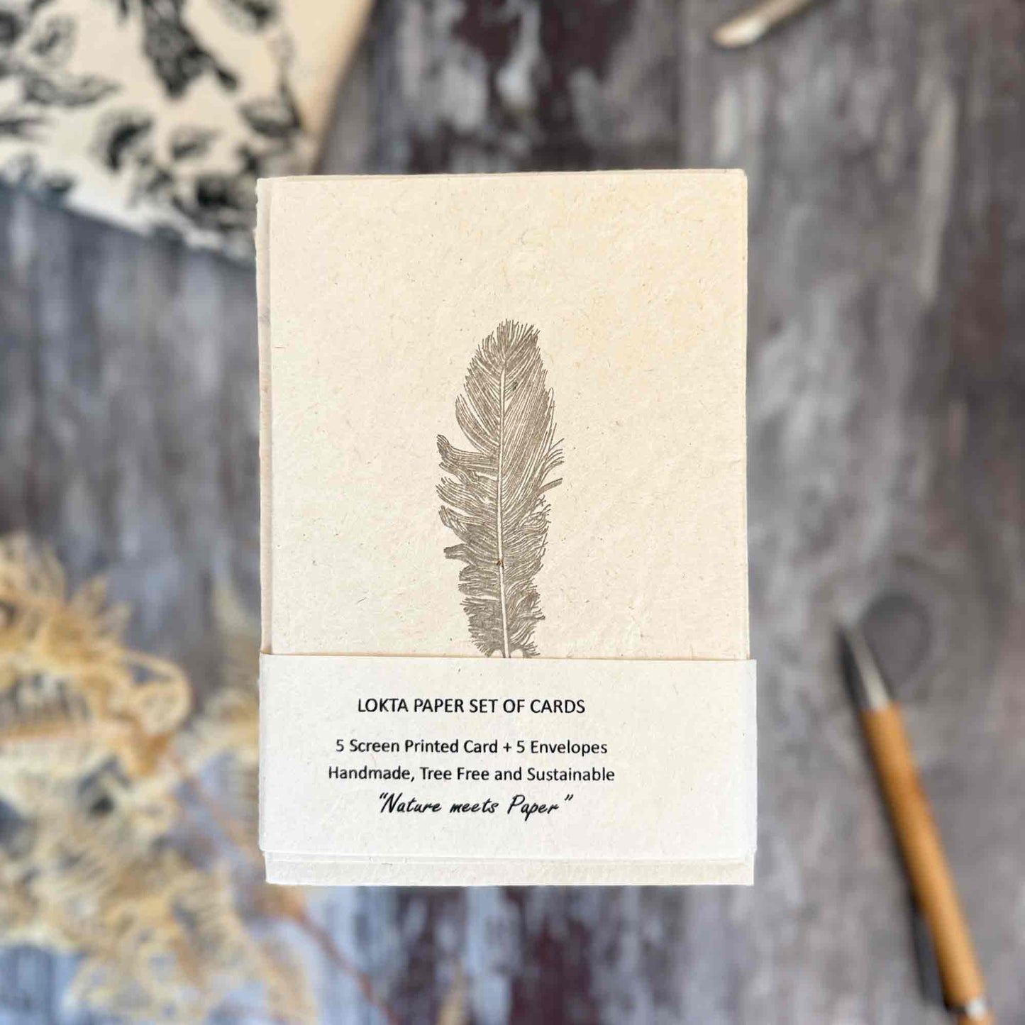 Set of 5 Lokta paper cards Plume feather design — handmade, tree-free, sustainable with envelopes