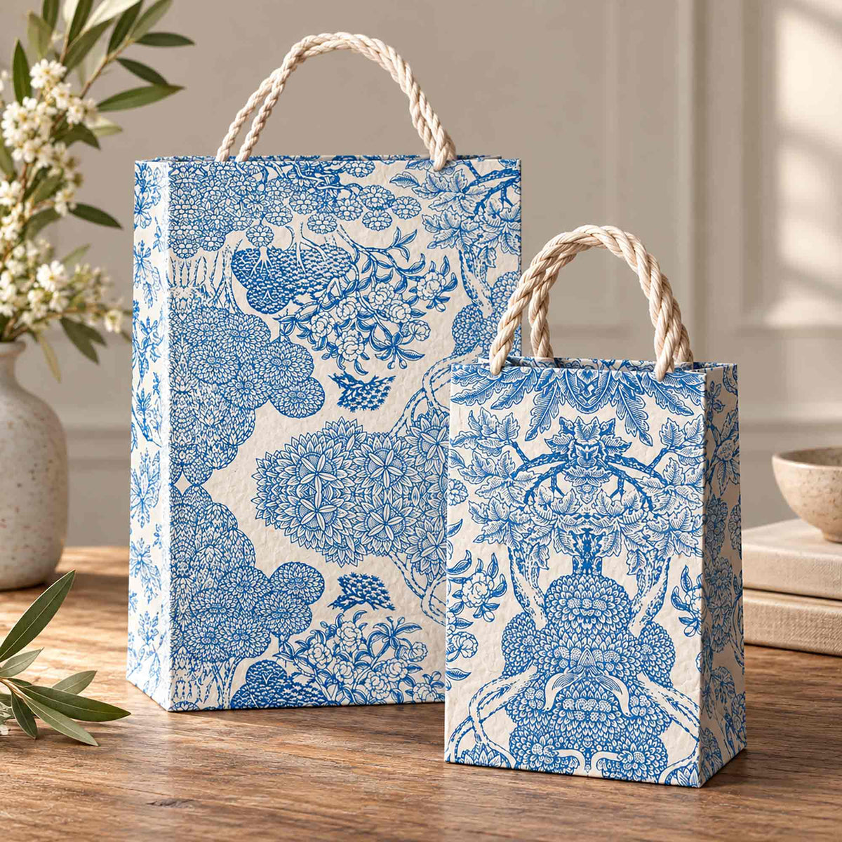 Niwa handmade Lokta paper gift bags in two sizes with intricate blue botanical prints and natural rope handles.