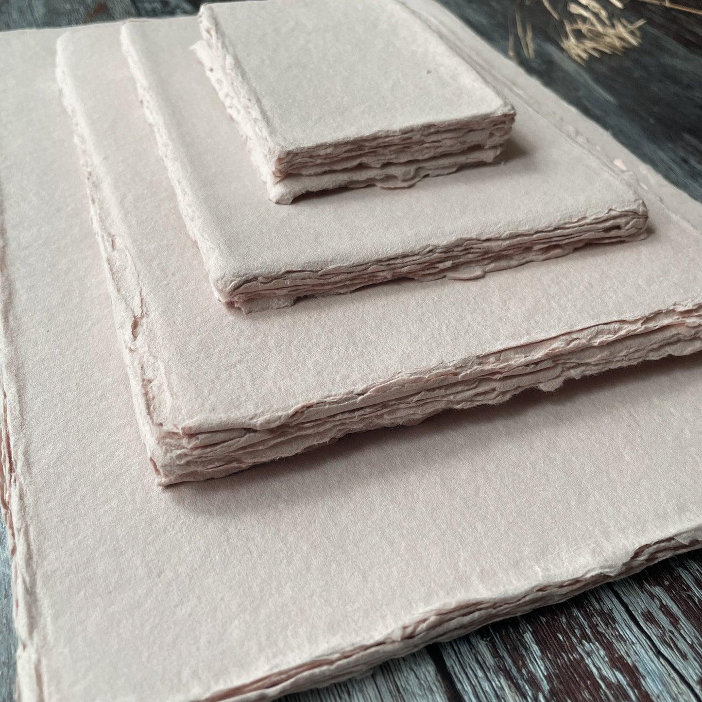 Handmade paper and card with deckled edges.  High  quality recycled cotton rag paper in Blush Pink.  Perfect watercolour paper.  By The Natural Paper Company