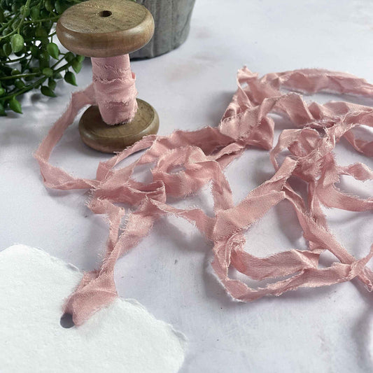 Blush Pink Silk Ribbon for Crafts.  Narrow Silk Ribbon with a frayed edge