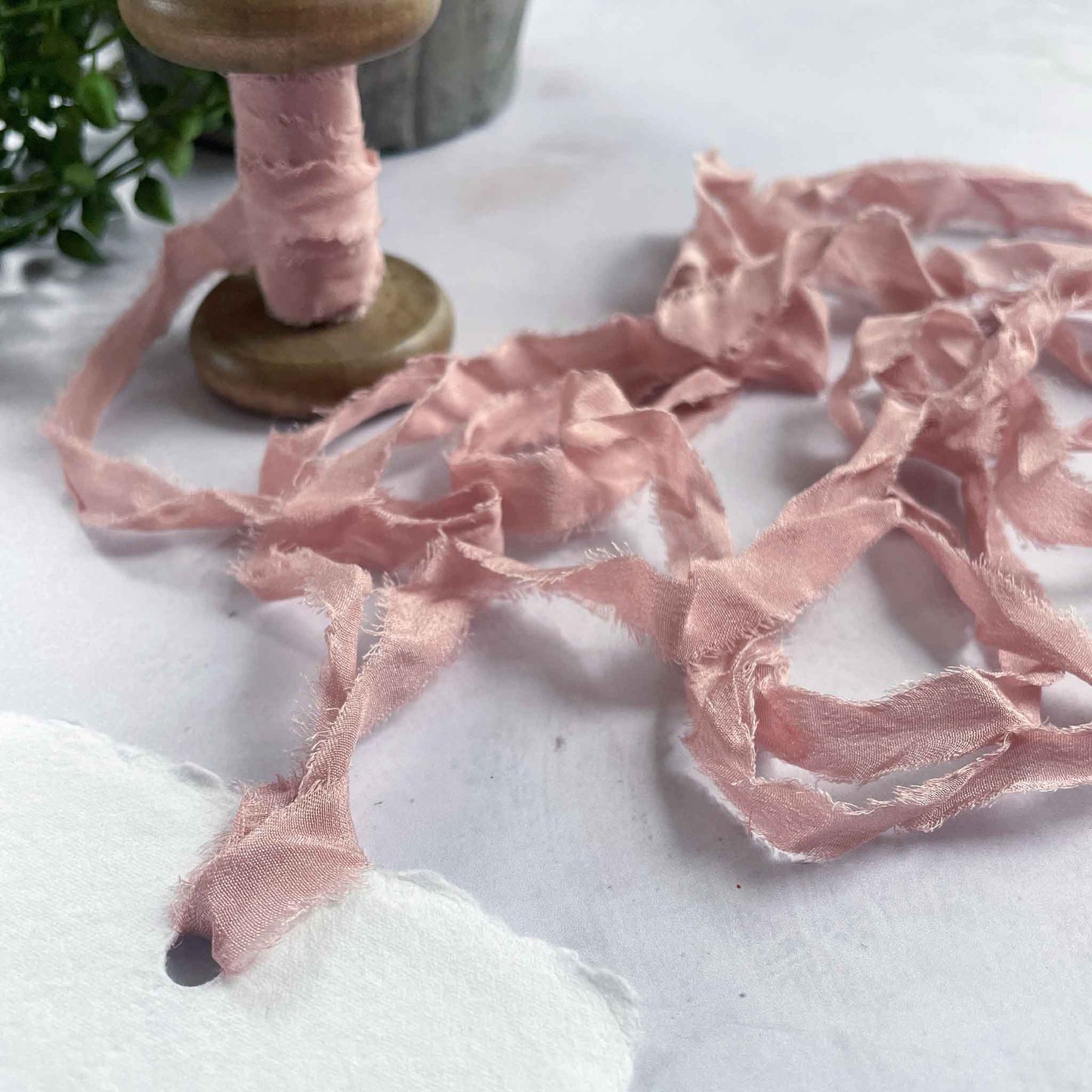 Narrow silk ribbon in blush pink colour.   Rustic silk ribbon with frayed edges.  Perfect for placecards and tags