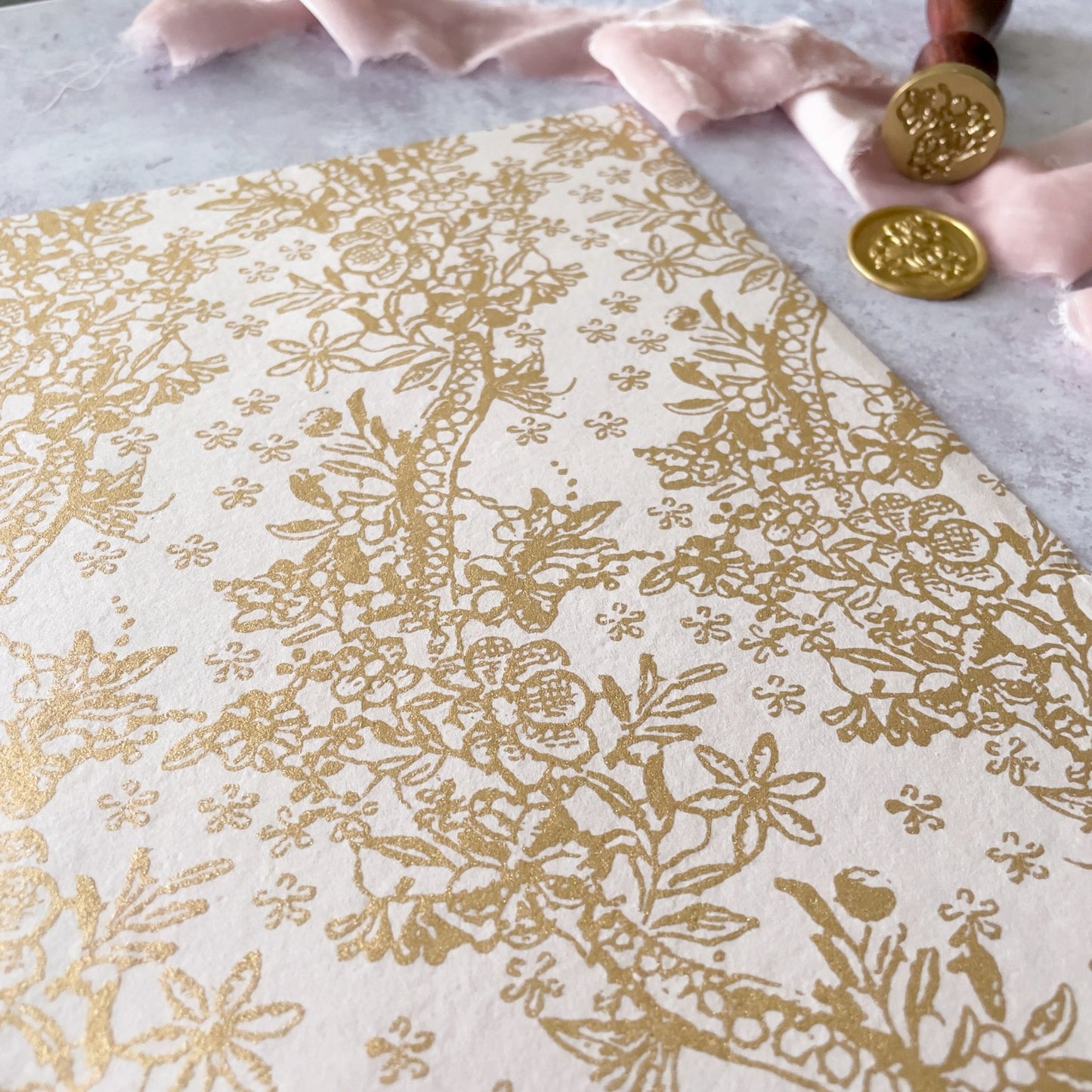 Fleur Lustre in Blush and Gold.  Decorative recycled paper in blush pink with a gold pattern.  Recycled paper for crafts.  by The Natural Paper Company