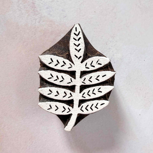 Indian wood block stamp — Bough leafy branch face-on view on soft pale background, slender stem with eight graceful leaflets, handcrafted wooden stamp, premium traditional printing block hardwood