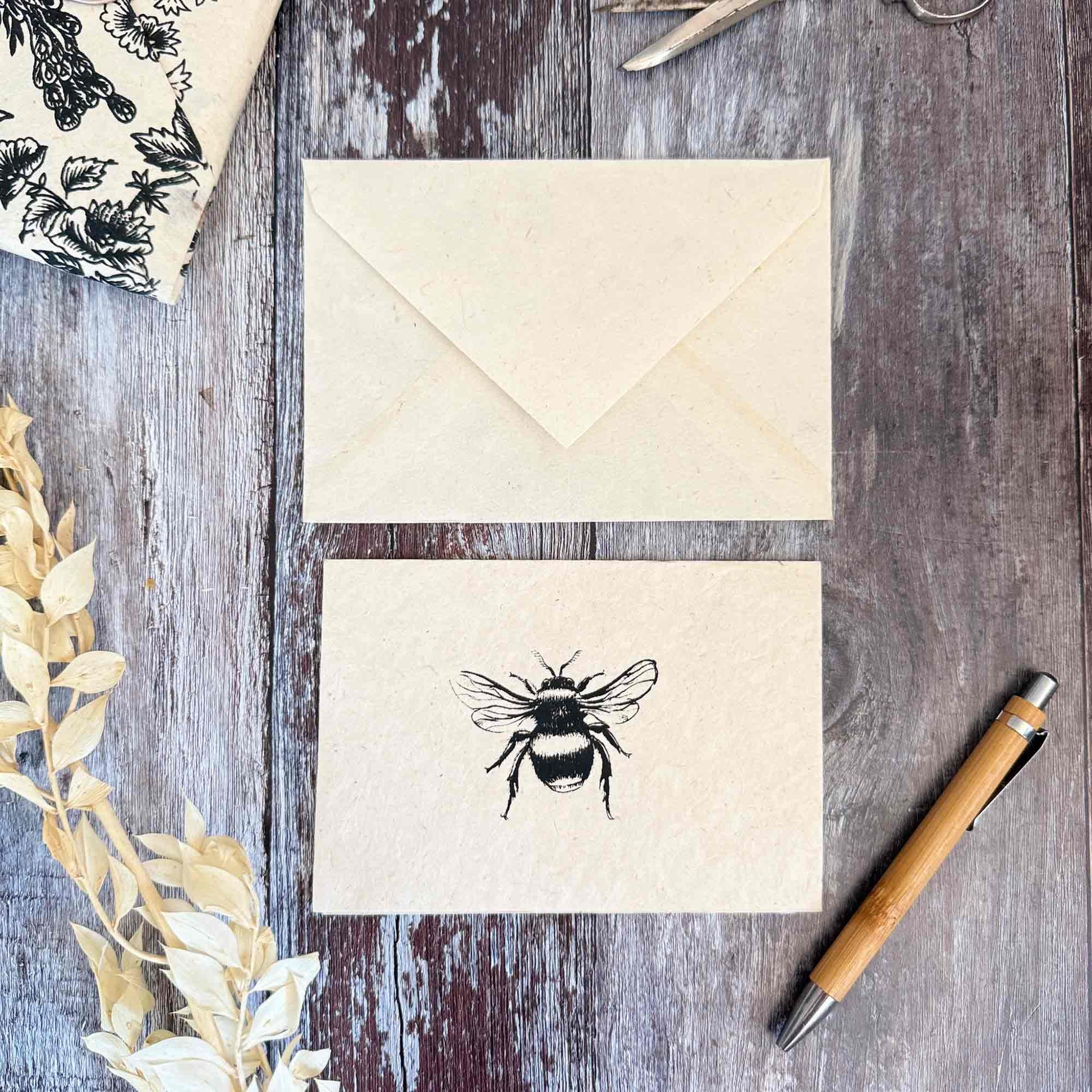 A6 size Lokta paper notecard and matching envelope, bumble bee design, tree-free paper