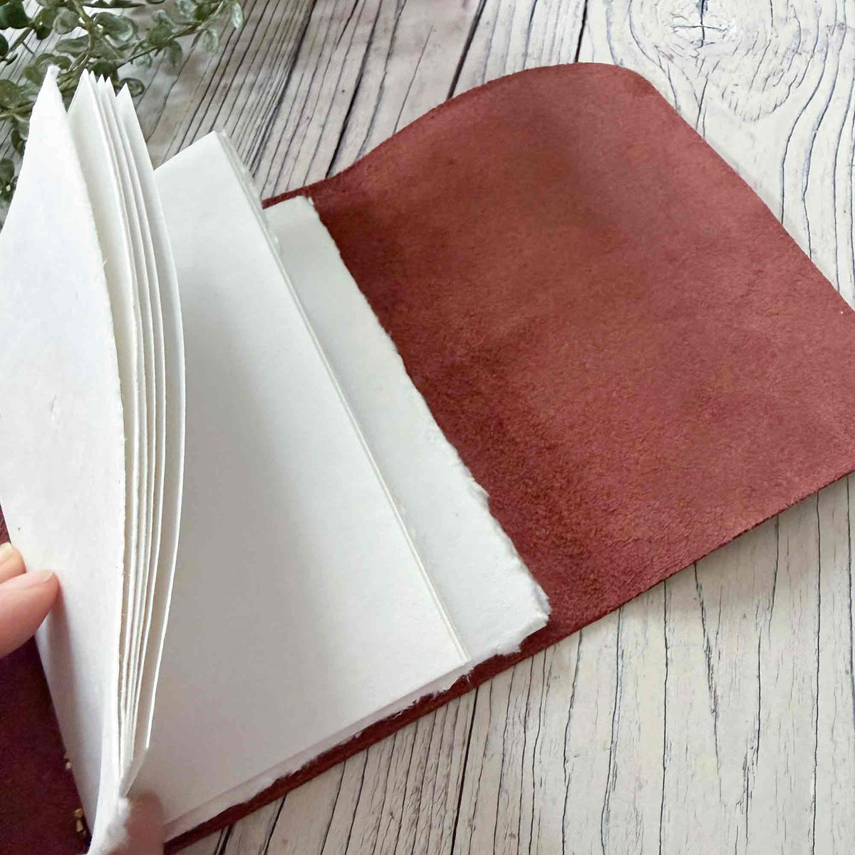 Burgundy A6 leather journal open with removable blank handmade cotton paper insert