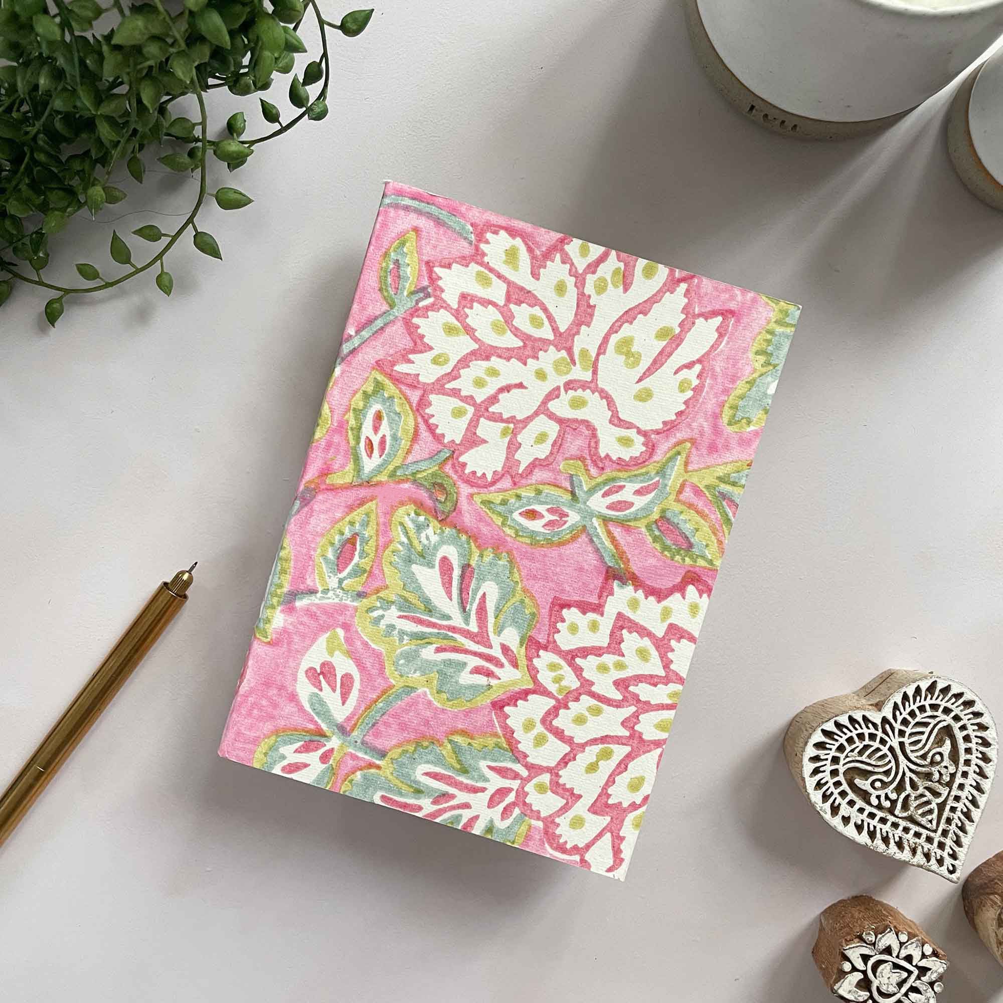 Block printed notebook in pink.  Handmade journal with cotton rag paper pages