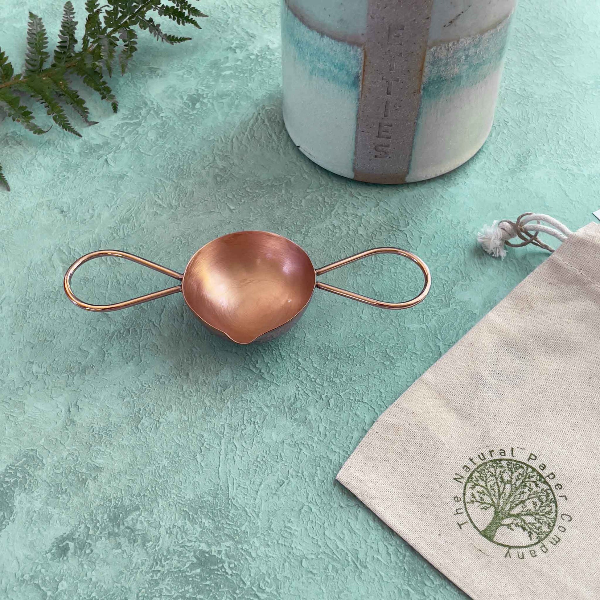 sealing wax melting spoon in copper.  Double handle melting spoon to use with a candle