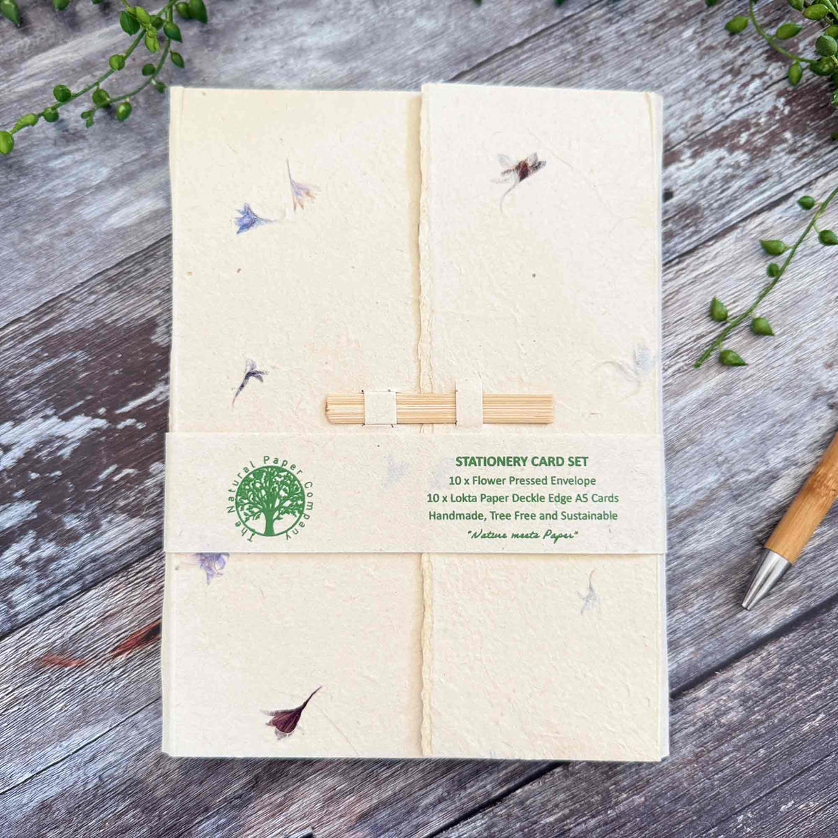 Cornflower Lokta paper letter writing set with handmade paper, botanical envelopes and storage folder
