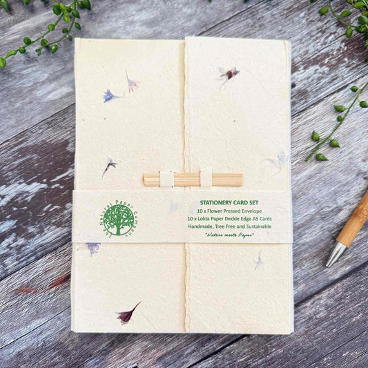 Cornflower Lokta paper letter writing set with handmade paper, botanical envelopes and storage folder