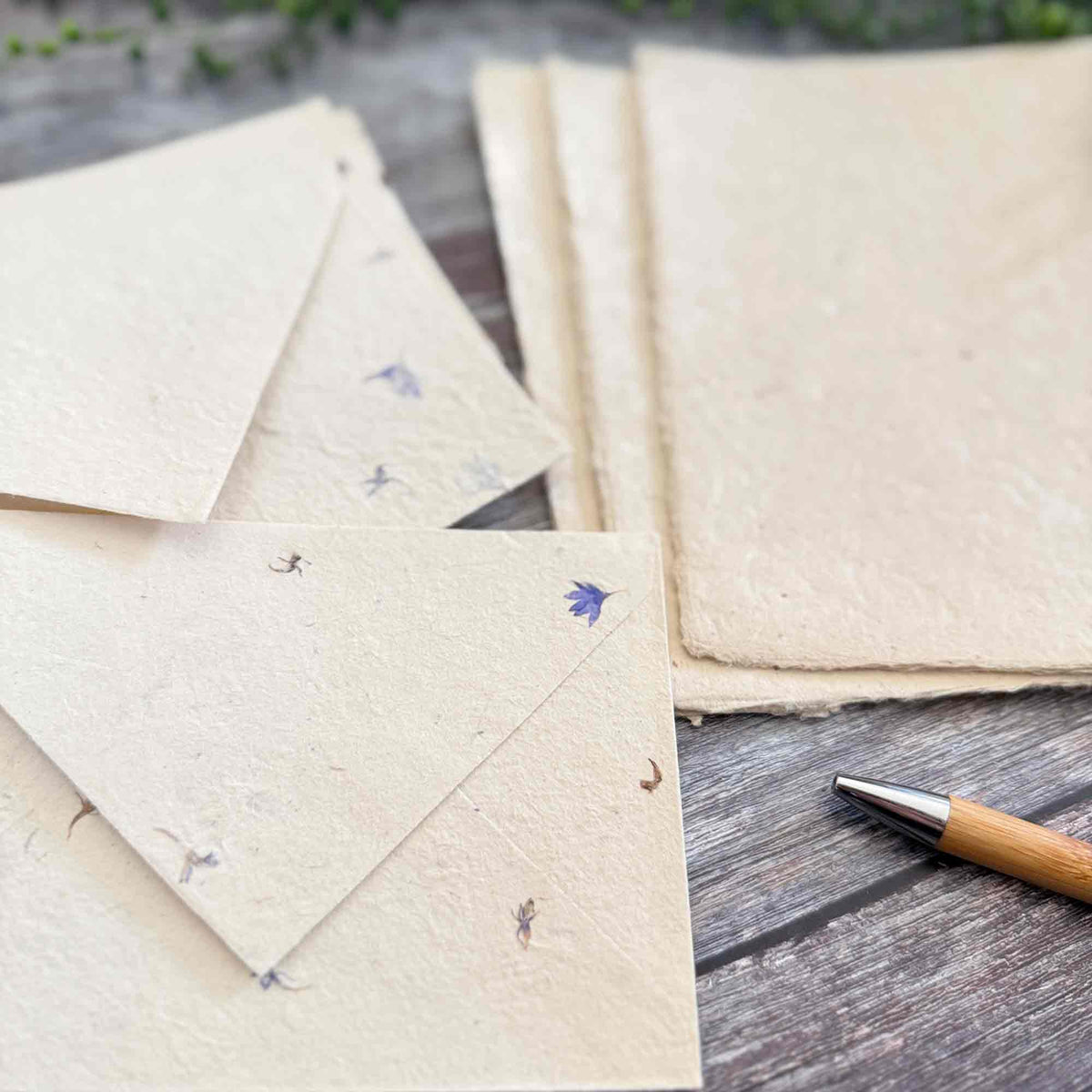 Cornflower flower paper envelopes with handmade Lokta writing paper and deckled edges