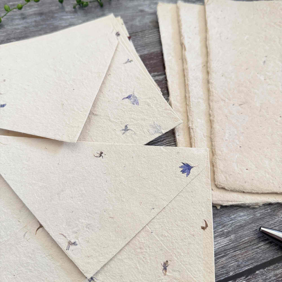 Handmade Cornflower envelopes with real flower inclusions and natural Lokta writing paper
