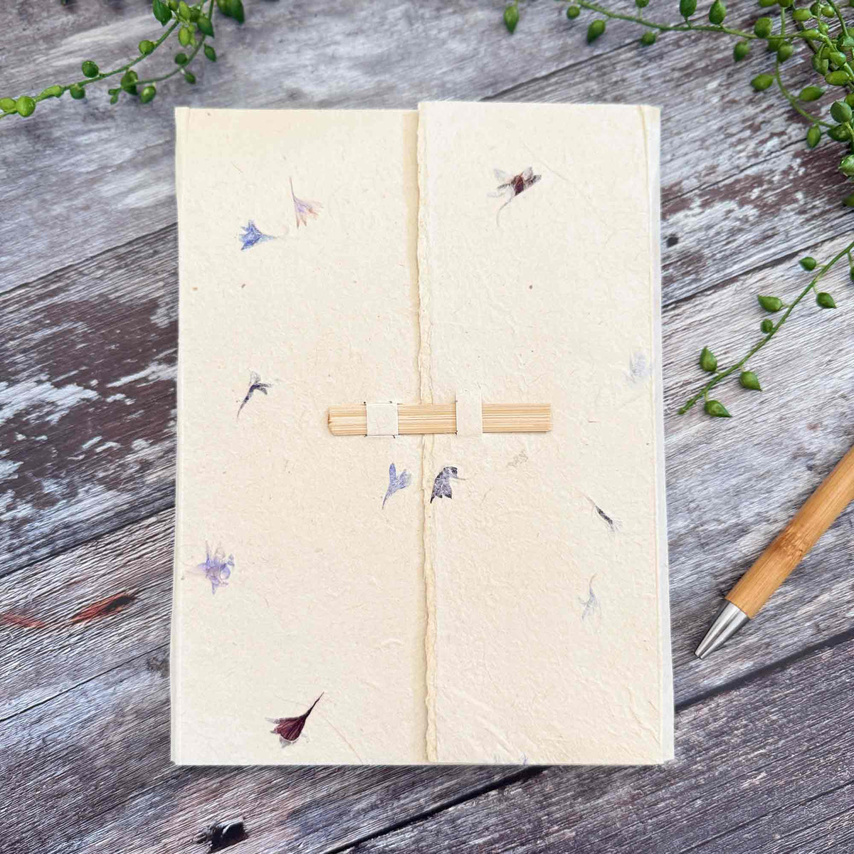 Cornflower Lokta paper stationery set with handmade envelopes, writing paper and bamboo closure