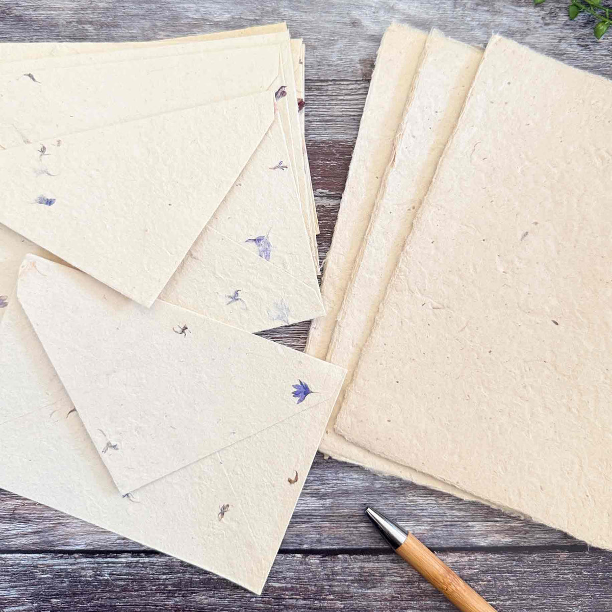 Cornflower handmade paper and envelope set with real flowers and deckled Lokta writing paper