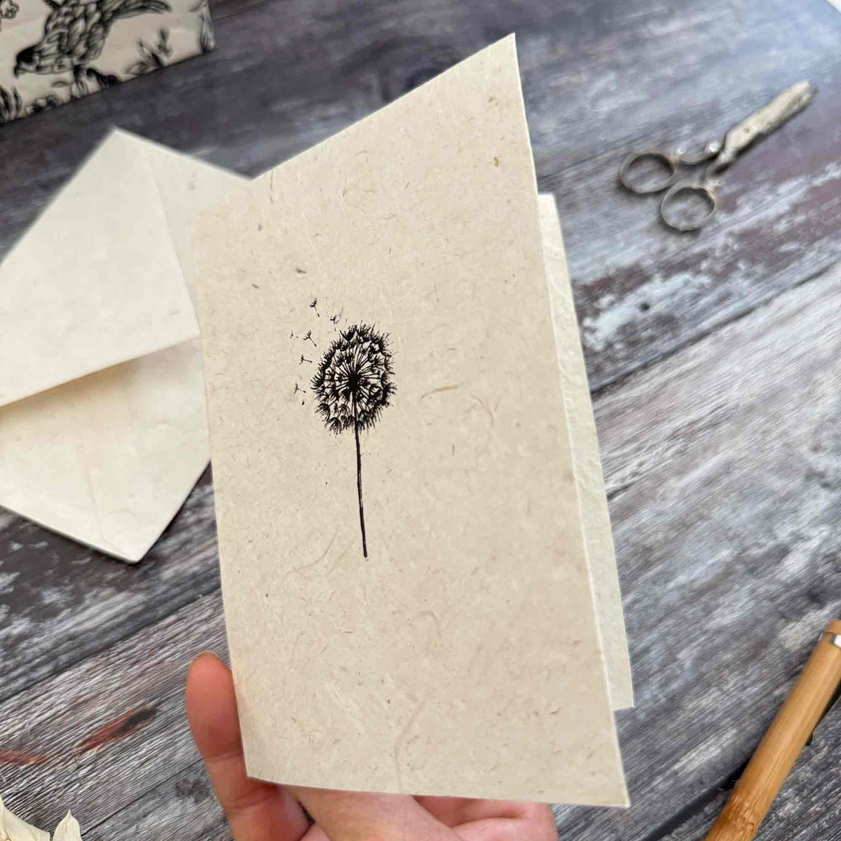 Handmade dandelion card with matching envelope made from natural Lokta paper