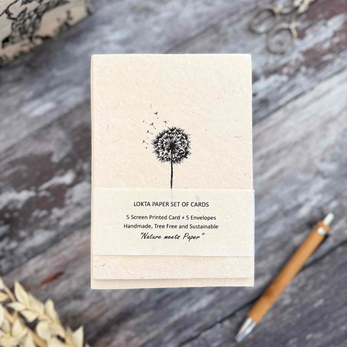 Dandelion clock card and envelope set with black screen printed design on natural Lokta paper