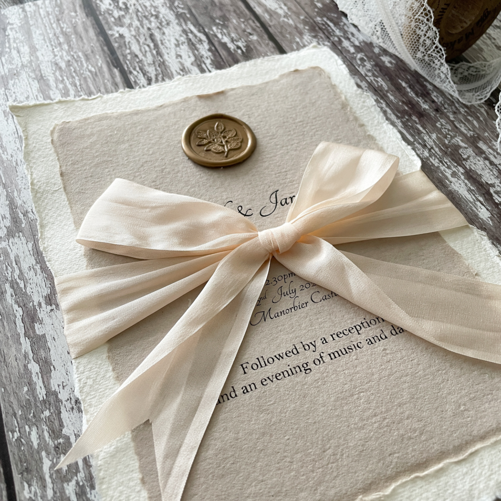 handmade invitation using hand made paper, recycled card, wax seal and silk ribbon.  Natural invitation using eco friendly products.  Ivory and natural invitation with silk bow wrapped around it.  Gold wax seal at the top.